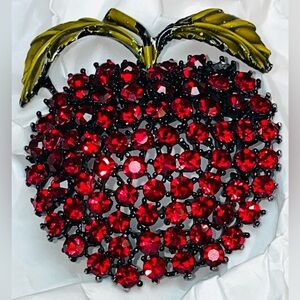 Weiss Red Rhinestone Apple Brooch Pin, Japanned Black Setting, Enamel Leaves